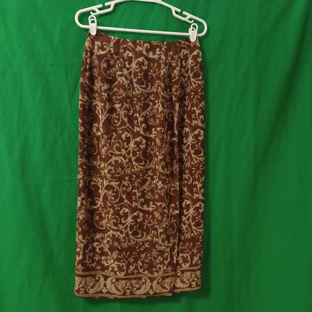 Amanda Smith Vintage Brown Damask Scroll Print Maxi Skirt Size 8 Lined Labeled 8